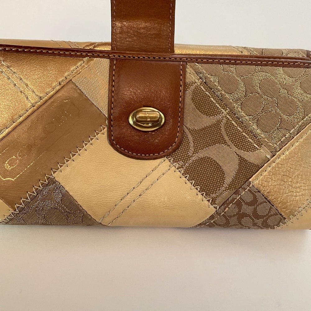 Coach Patchwork Gold Canvas/Leather Logo Turnlock Long Wallet - Picture 14 of 15